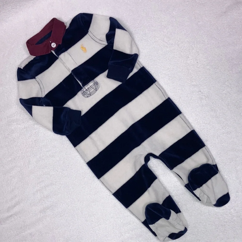 Ralph Lauren navy white velour maroon color footed romper 9m